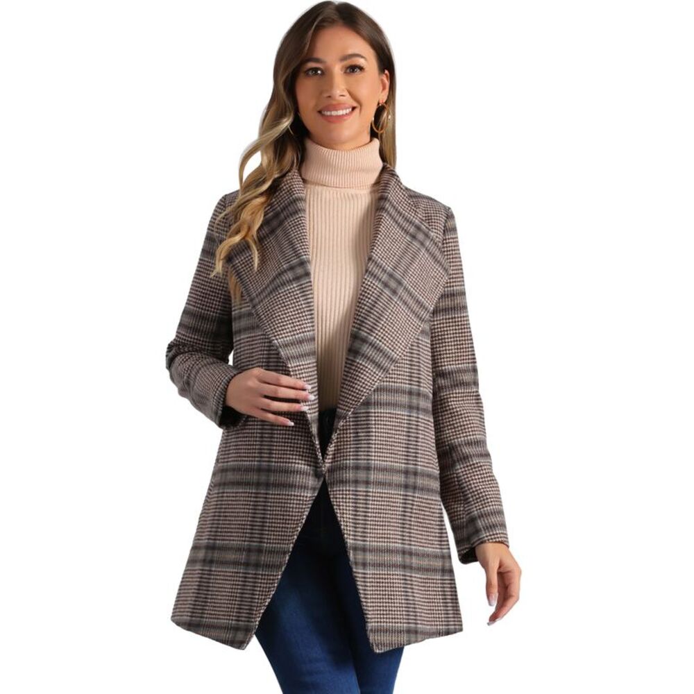 Belted Wrap Outerwear Shawl Collar Asymmetric Hem Plaid Coat Khaki